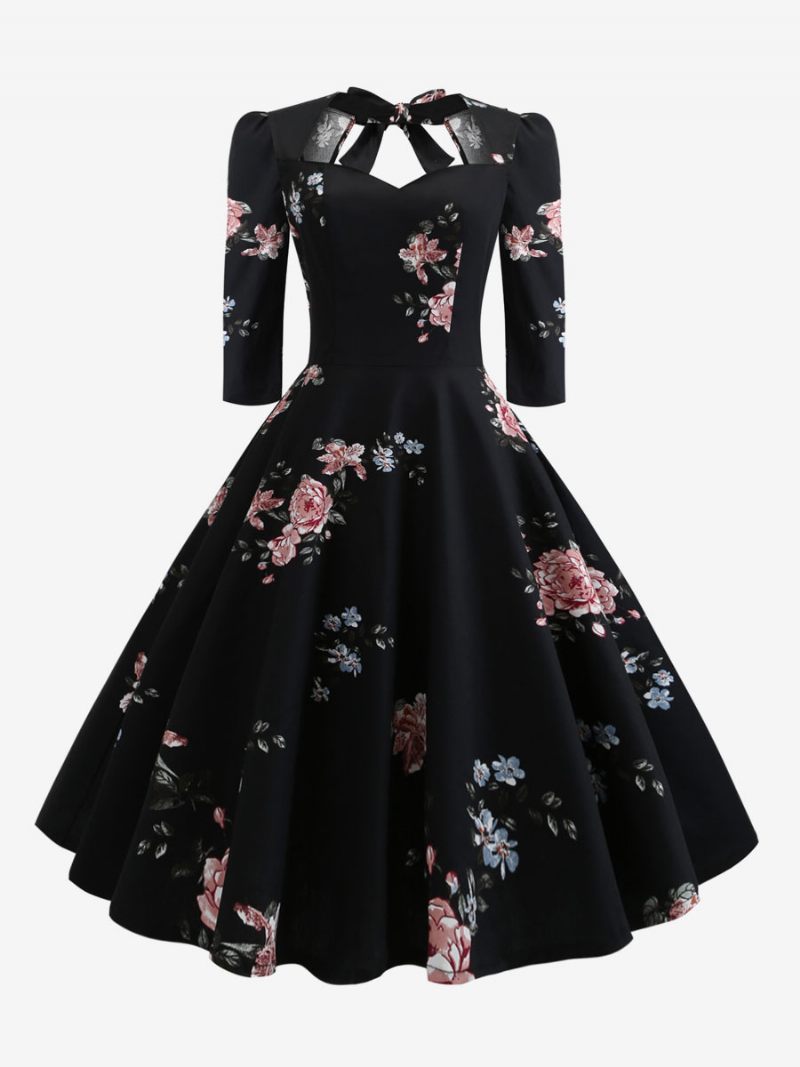 Robe Vintage Pour Femme Des Années 1950 Style Audrey Hepburn Col Cœur À Lacets Manches 3/4 Superposées Rockabilly Imprimé Floral Moyen