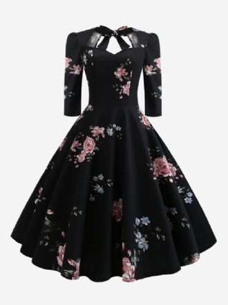 Robe Vintage Pour Femme Des Années 1950 Style Audrey Hepburn Col Cœur À Lacets Manches 3/4 Superposées Rockabilly Imprimé Floral Moyen