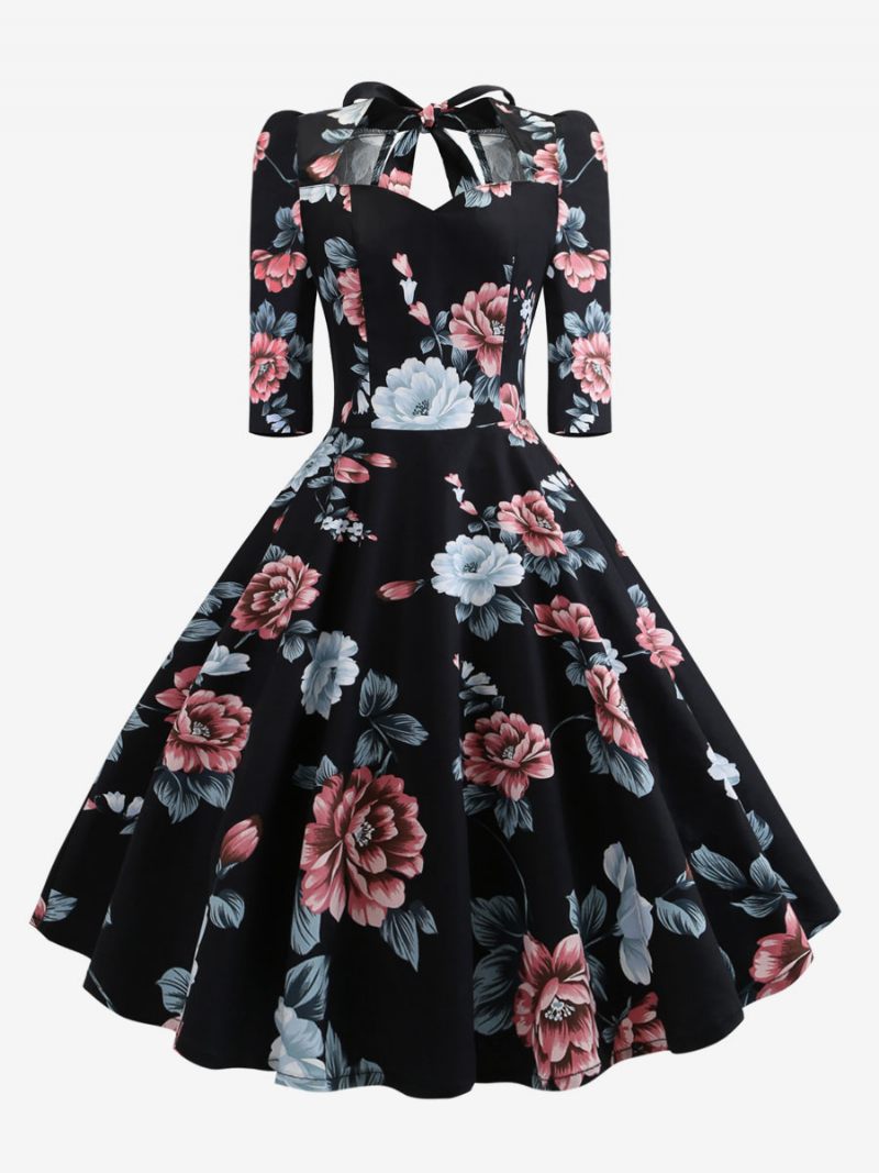 Robe Vintage Pour Femme Des Années 1950 Style Audrey Hepburn Col Cœur À Lacets Manches 3/4 Superposées Rockabilly Imprimé Floral Moyen - Gris