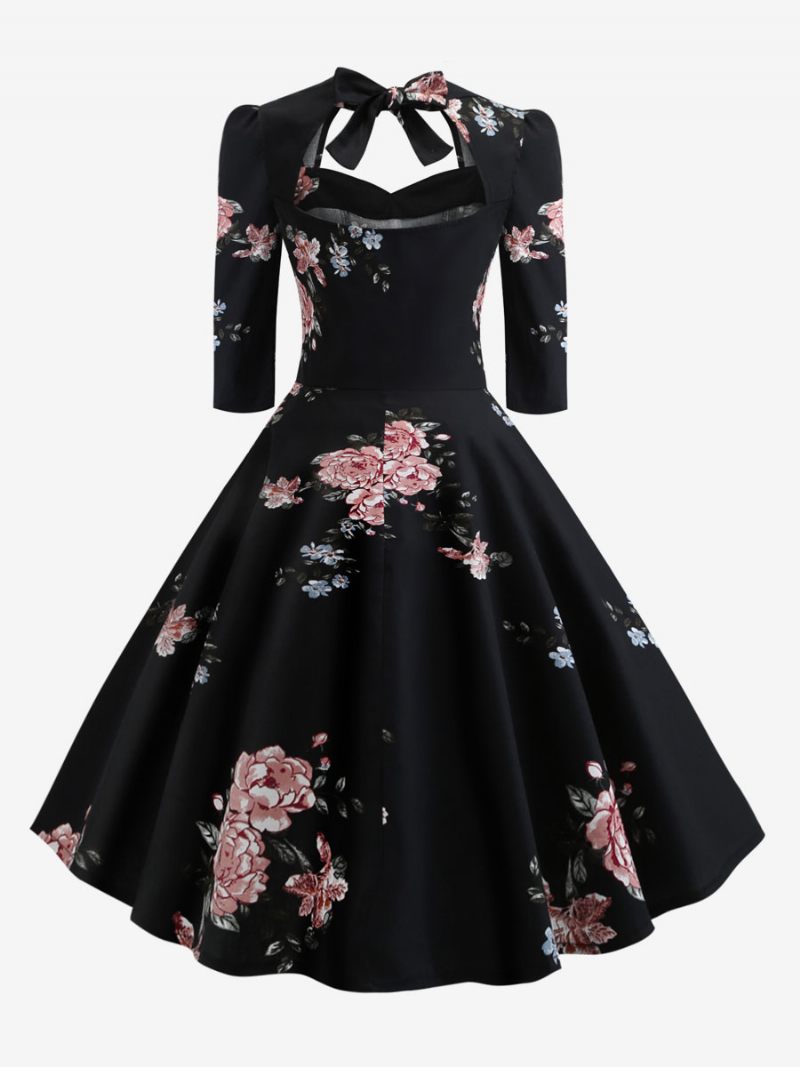 Robe Vintage Pour Femme Des Années 1950 Style Audrey Hepburn Col Cœur À Lacets Manches 3/4 Superposées Rockabilly Imprimé Floral Moyen - Noir