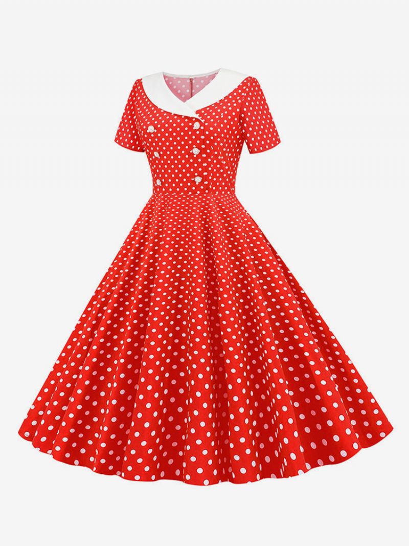 Robe Vintage Pour Femme Des Années 1950 Style Audrey Hepburn Col V Manches Courtes Longueur Genou Trapèze À Pois - Rouge