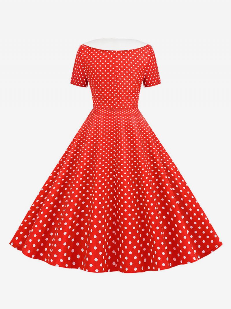 Robe Vintage Pour Femme Des Années 1950 Style Audrey Hepburn Col V Manches Courtes Longueur Genou Trapèze À Pois - Rouge