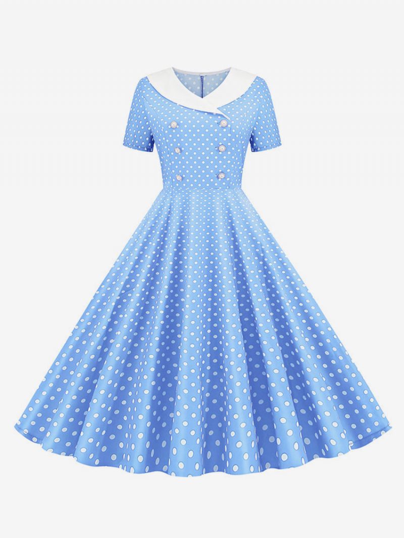 Robe Vintage Pour Femme Des Années 1950 Style Audrey Hepburn Col V Manches Courtes Longueur Genou Trapèze À Pois - Bleu Ciel Clair