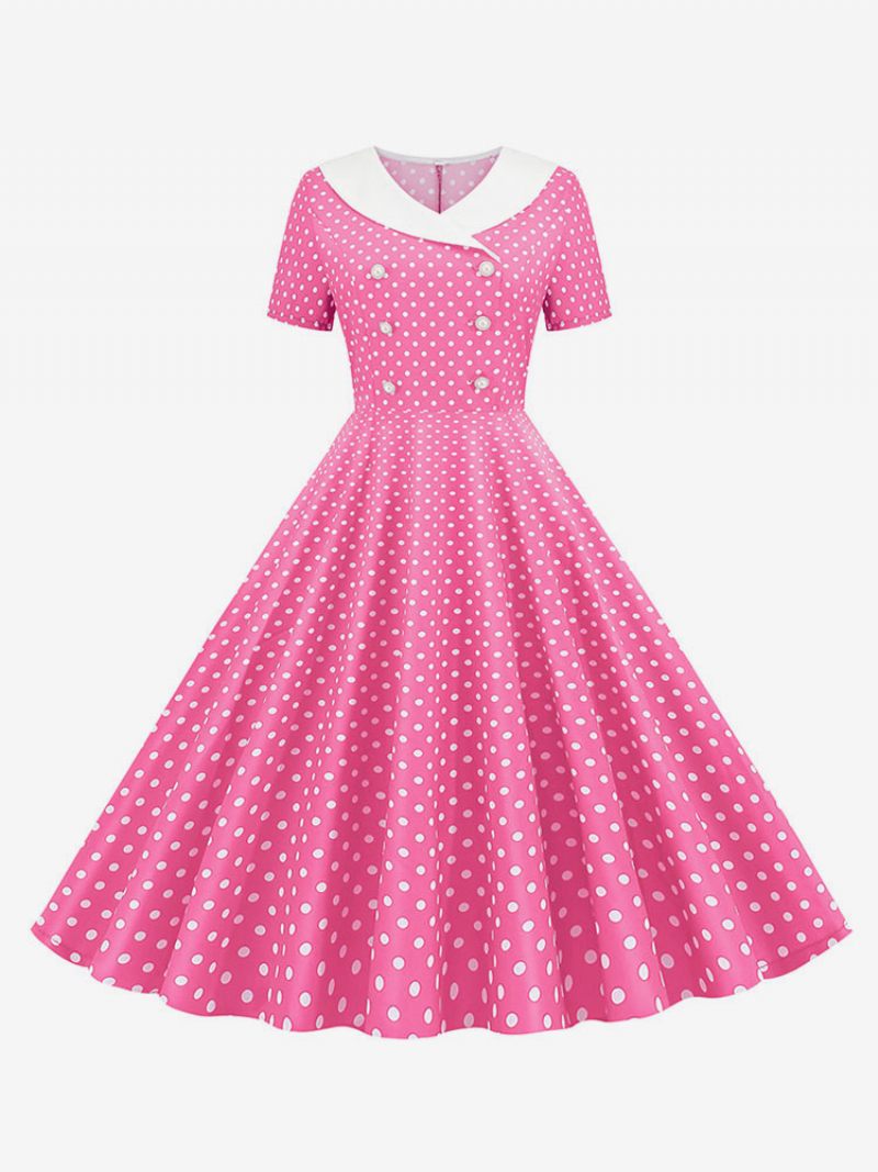 Robe Vintage Pour Femme Des Années 1950 Style Audrey Hepburn Col V Manches Courtes Longueur Genou Trapèze À Pois - Rose