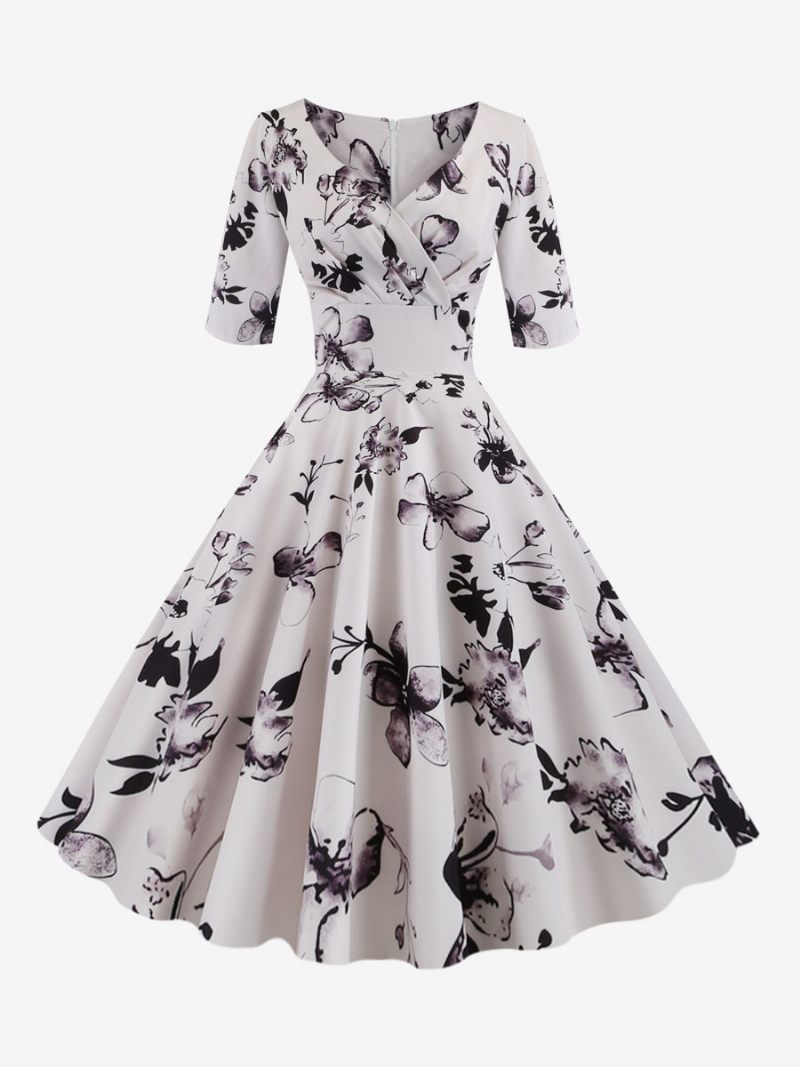 Robe Vintage Femme Noire Années 1950 Audrey Hepburn Style Imprimé Floral Superposé Demi-manches Col Cœur Rockabilly Moyenne