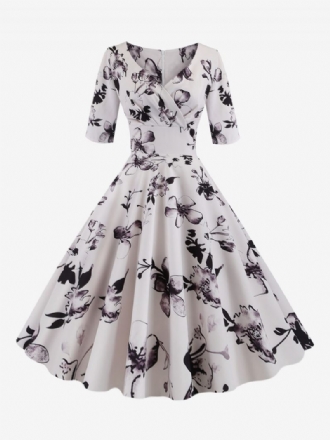 Robe Vintage Femme Noire Années 1950 Audrey Hepburn Style Imprimé Floral Superposé Demi-manches Col Cœur Rockabilly Moyenne