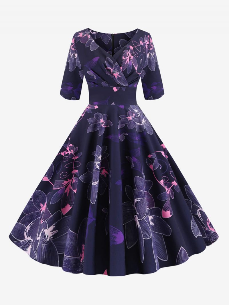 Robe Vintage Femme Noire Années 1950 Audrey Hepburn Style Imprimé Floral Superposé Demi-manches Col Cœur Rockabilly Moyenne - Violet