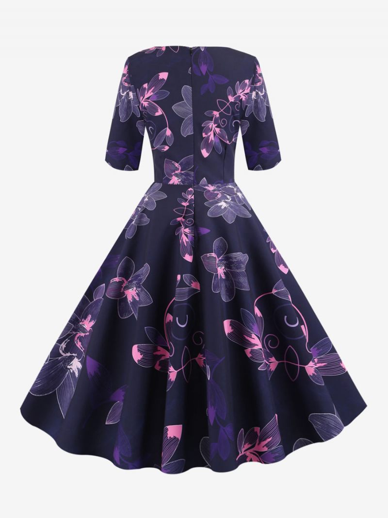 Robe Vintage Femme Noire Années 1950 Audrey Hepburn Style Imprimé Floral Superposé Demi-manches Col Cœur Rockabilly Moyenne - Violet