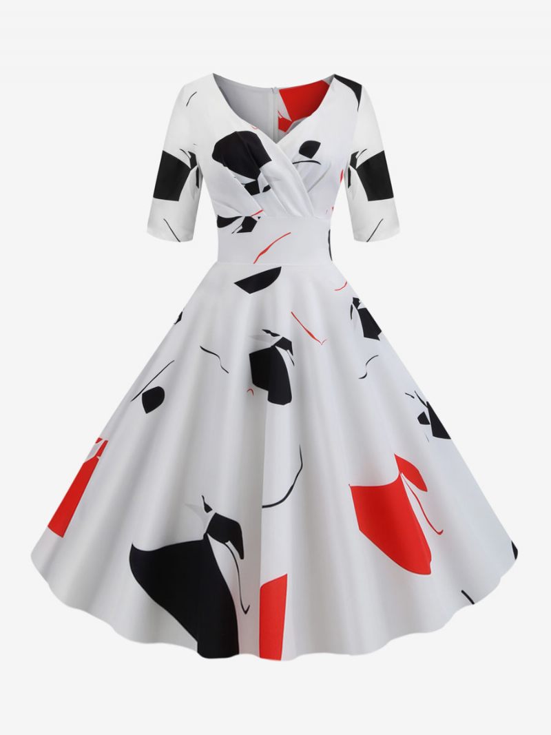 Robe Vintage Femme Noire Années 1950 Audrey Hepburn Style Imprimé Floral Superposé Demi-manches Col Cœur Rockabilly Moyenne - Rouge