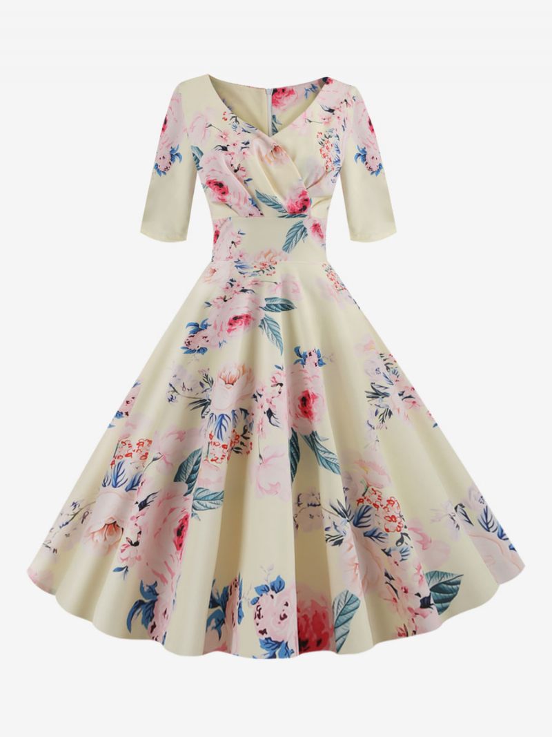 Robe Vintage Femme Noire Années 1950 Audrey Hepburn Style Imprimé Floral Superposé Demi-manches Col Cœur Rockabilly Moyenne - Beige