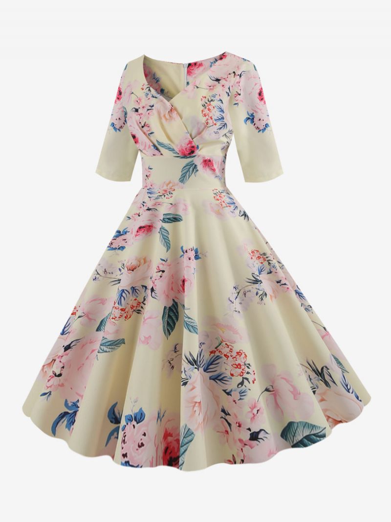 Robe Vintage Femme Noire Années 1950 Audrey Hepburn Style Imprimé Floral Superposé Demi-manches Col Cœur Rockabilly Moyenne - Beige