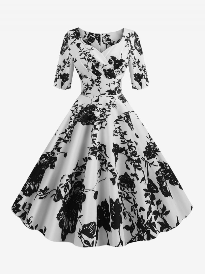 Robe Vintage Femme Noire Années 1950 Audrey Hepburn Style Imprimé Floral Superposé Demi-manches Col Cœur Rockabilly Moyenne - Noir