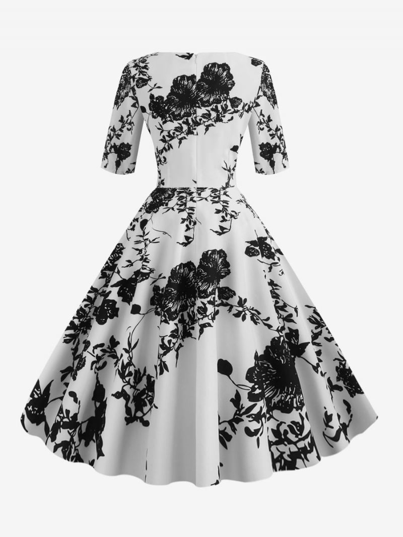 Robe Vintage Femme Noire Années 1950 Audrey Hepburn Style Imprimé Floral Superposé Demi-manches Col Cœur Rockabilly Moyenne - Noir