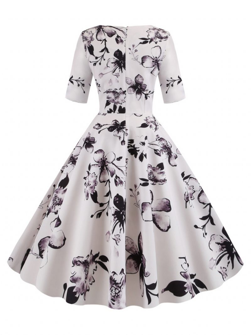 Robe Vintage Femme Noire Années 1950 Audrey Hepburn Style Imprimé Floral Superposé Demi-manches Col Cœur Rockabilly Moyenne - Blanc