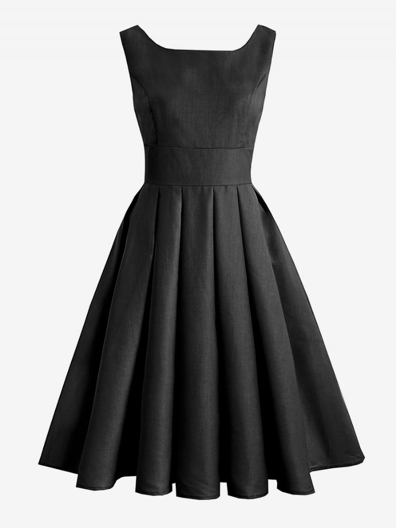 Robe Vintage Femme Noire Années 1950 Style Audrey Hepburn Plissée Sans Manches Col Carré Rockabilly Moyenne