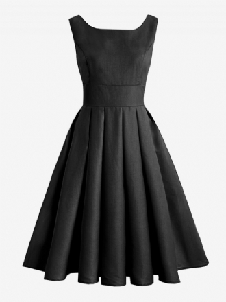 Robe Vintage Femme Noire Années 1950 Style Audrey Hepburn Plissée Sans Manches Col Carré Rockabilly Moyenne