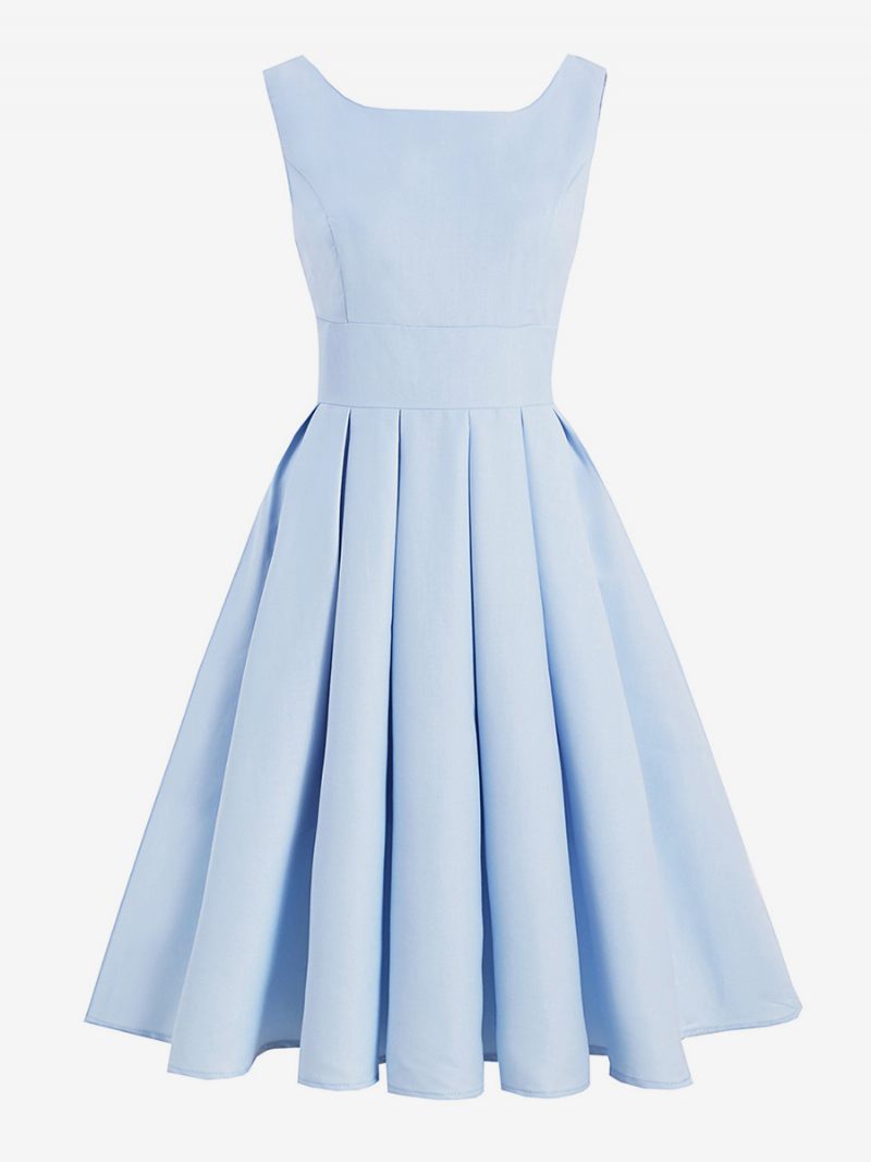 Robe Vintage Femme Noire Années 1950 Style Audrey Hepburn Plissée Sans Manches Col Carré Rockabilly Moyenne - Bleu Bébé