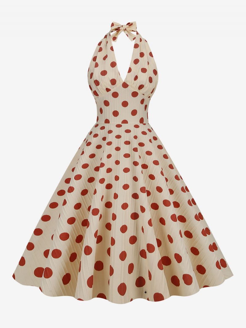 Robe Vintage Femme Rouge Années 1950 Style Audrey Hepburn À Pois Plissé Sans Manches Col V Trapèze Moyenne