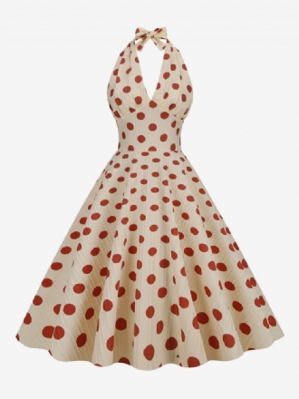 Robe Vintage Femme Rouge Années 1950 Style Audrey Hepburn À Pois Plissé Sans Manches Col V Trapèze Moyenne