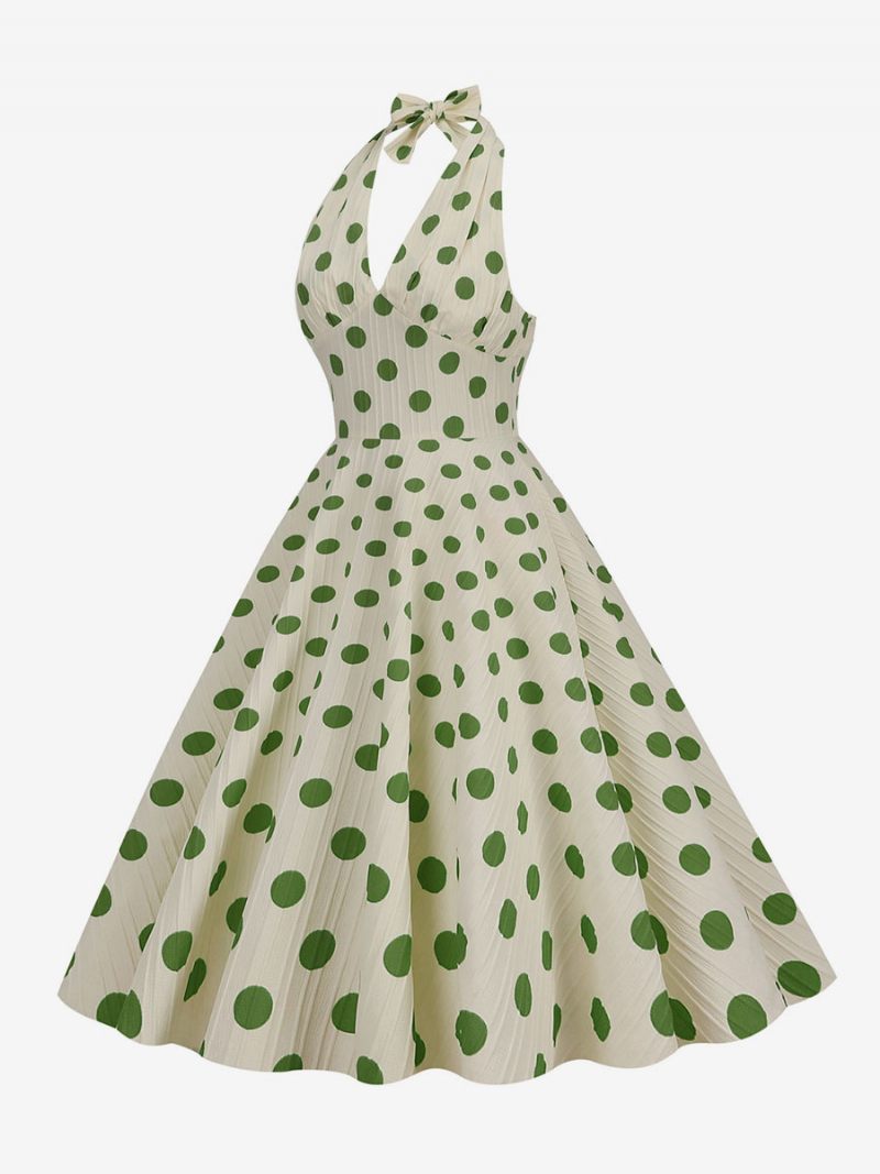 Robe Vintage Femme Rouge Années 1950 Style Audrey Hepburn À Pois Plissé Sans Manches Col V Trapèze Moyenne - Vert