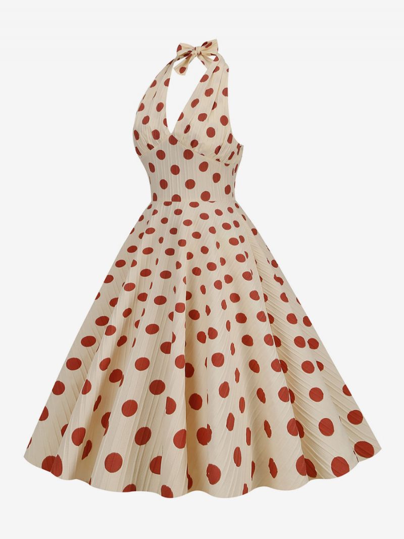 Robe Vintage Femme Rouge Années 1950 Style Audrey Hepburn À Pois Plissé Sans Manches Col V Trapèze Moyenne - Rouge