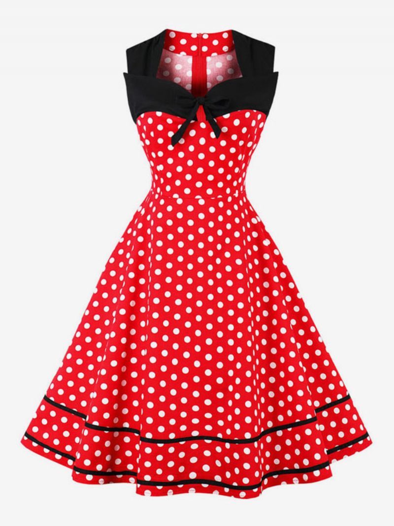 Robe Vintage Pour Femmes Avec Nœuds À Pois Cœur Sans Manches Balançoire D'été - Rouge Ture