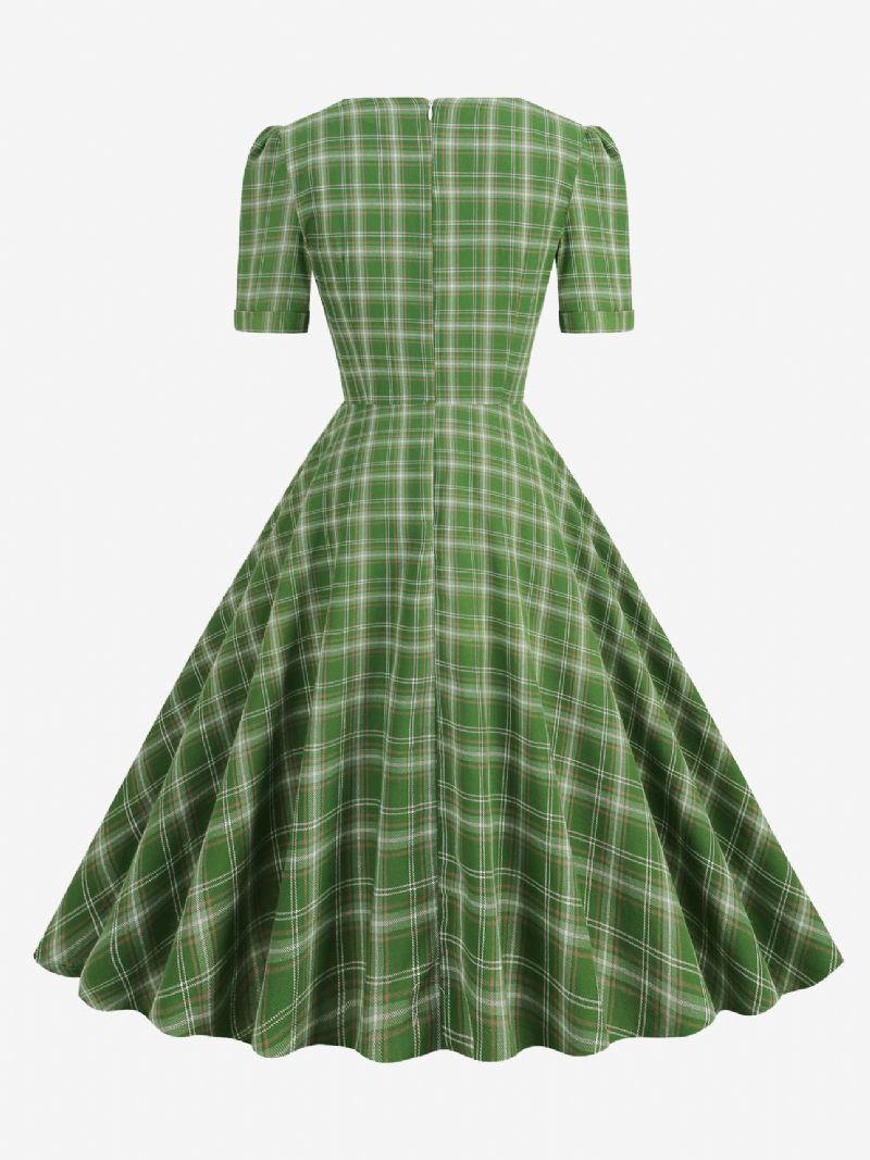 Robe Vintage Pour Femmes À Carreaux Rouges Des Années 1950. Style Audrey Hepburn Nœuds Manches Courtes Col Cœur Trapèze Moyenne - Vert