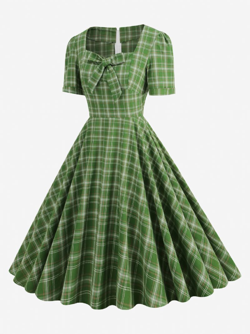 Robe Vintage Pour Femmes À Carreaux Rouges Des Années 1950. Style Audrey Hepburn Nœuds Manches Courtes Col Cœur Trapèze Moyenne - Vert