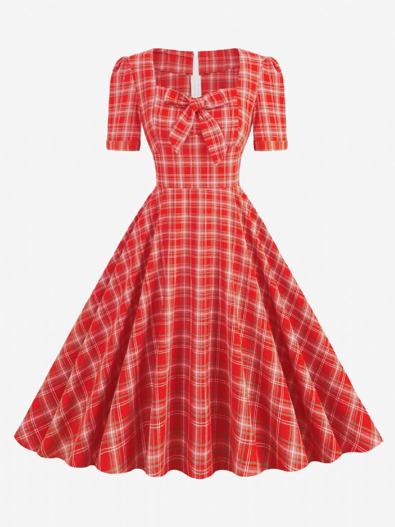 Robe Vintage Pour Femmes À Carreaux Rouges Des Années 1950. Style Audrey Hepburn Nœuds Manches Courtes Col Cœur Trapèze Moyenne - Rouge