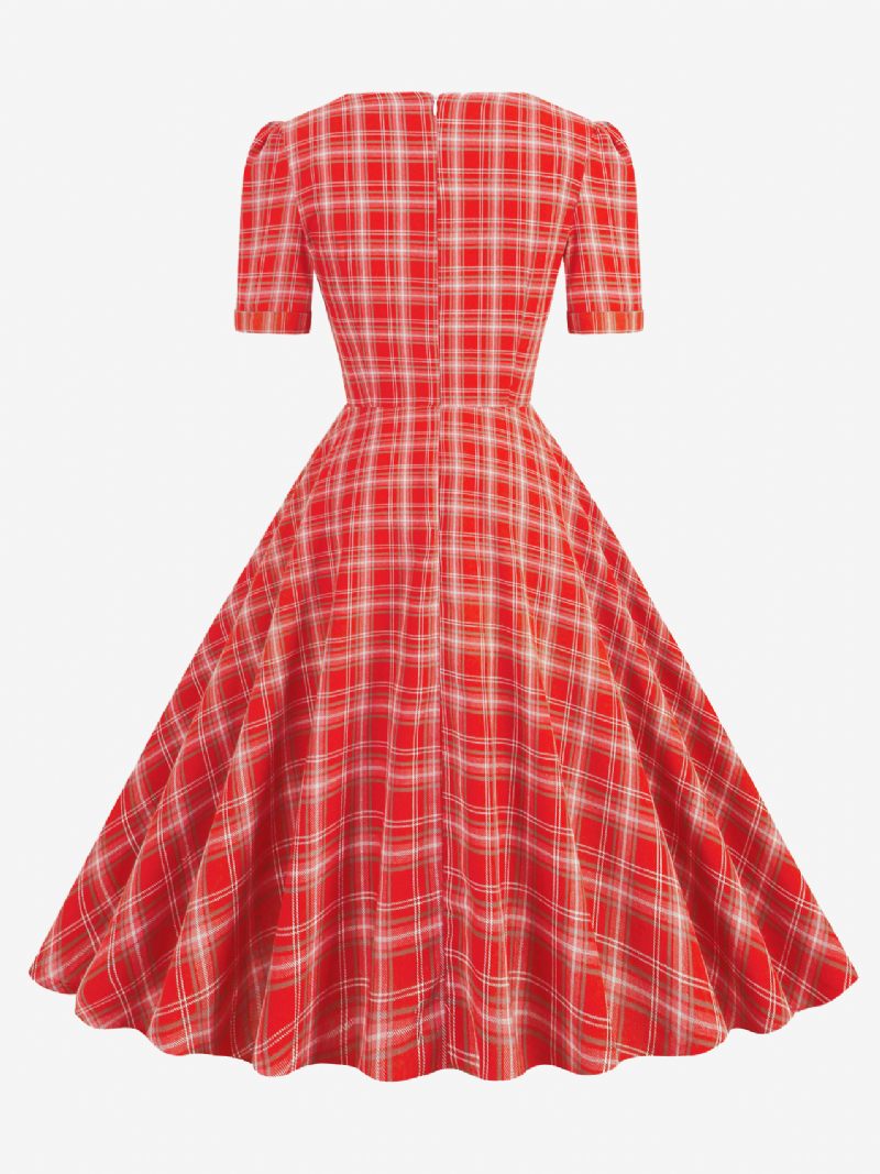 Robe Vintage Pour Femmes À Carreaux Rouges Des Années 1950. Style Audrey Hepburn Nœuds Manches Courtes Col Cœur Trapèze Moyenne - Rouge