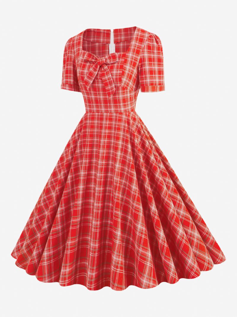 Robe Vintage Pour Femmes À Carreaux Rouges Des Années 1950. Style Audrey Hepburn Nœuds Manches Courtes Col Cœur Trapèze Moyenne - Rouge