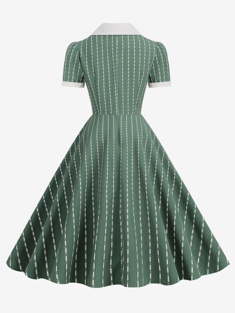 Robe Vintage Pour Femmes Col Claudine Boutons Années 1950 Style Audrey Hepburn Manches Courtes Bloc Couleurs Trapèze Bleu Marine Foncé Moyen - Vert