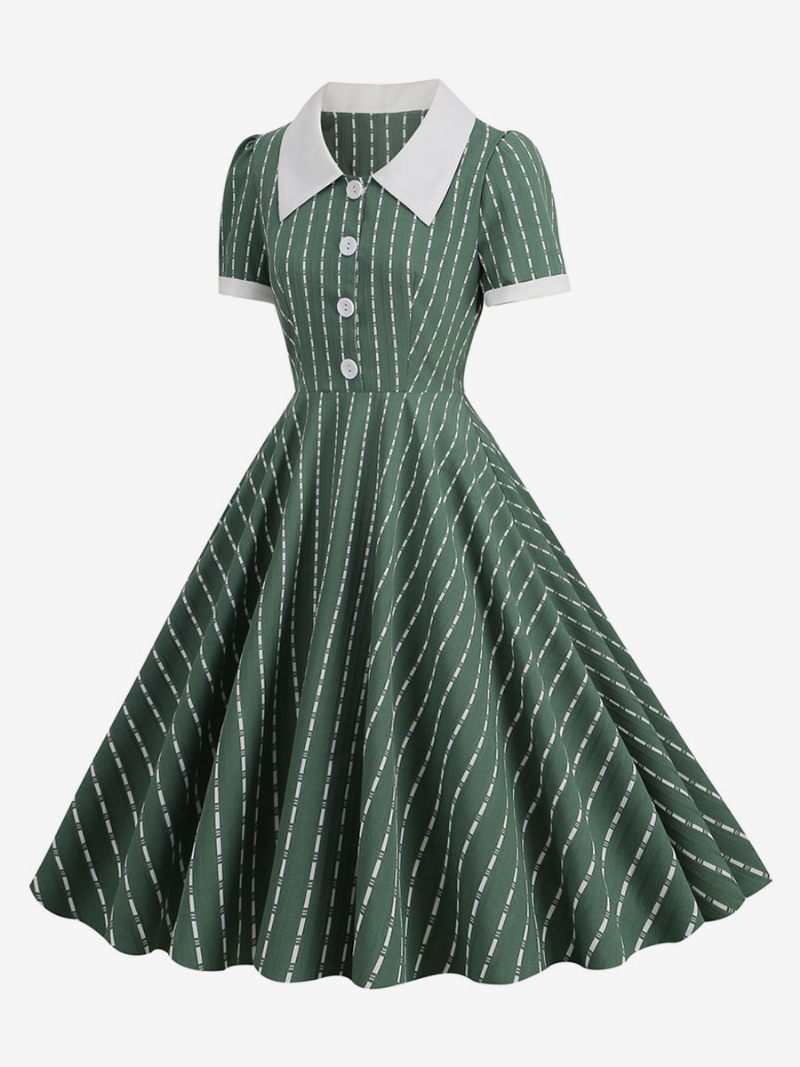 Robe Vintage Pour Femmes Col Claudine Boutons Années 1950 Style Audrey Hepburn Manches Courtes Bloc Couleurs Trapèze Bleu Marine Foncé Moyen - Vert