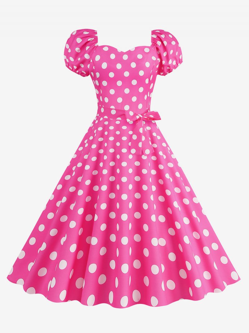 Robe Vintage Pour Femmes Col Cœur Manches Bouffantes Pois Robes Longues Décontractées - Rose