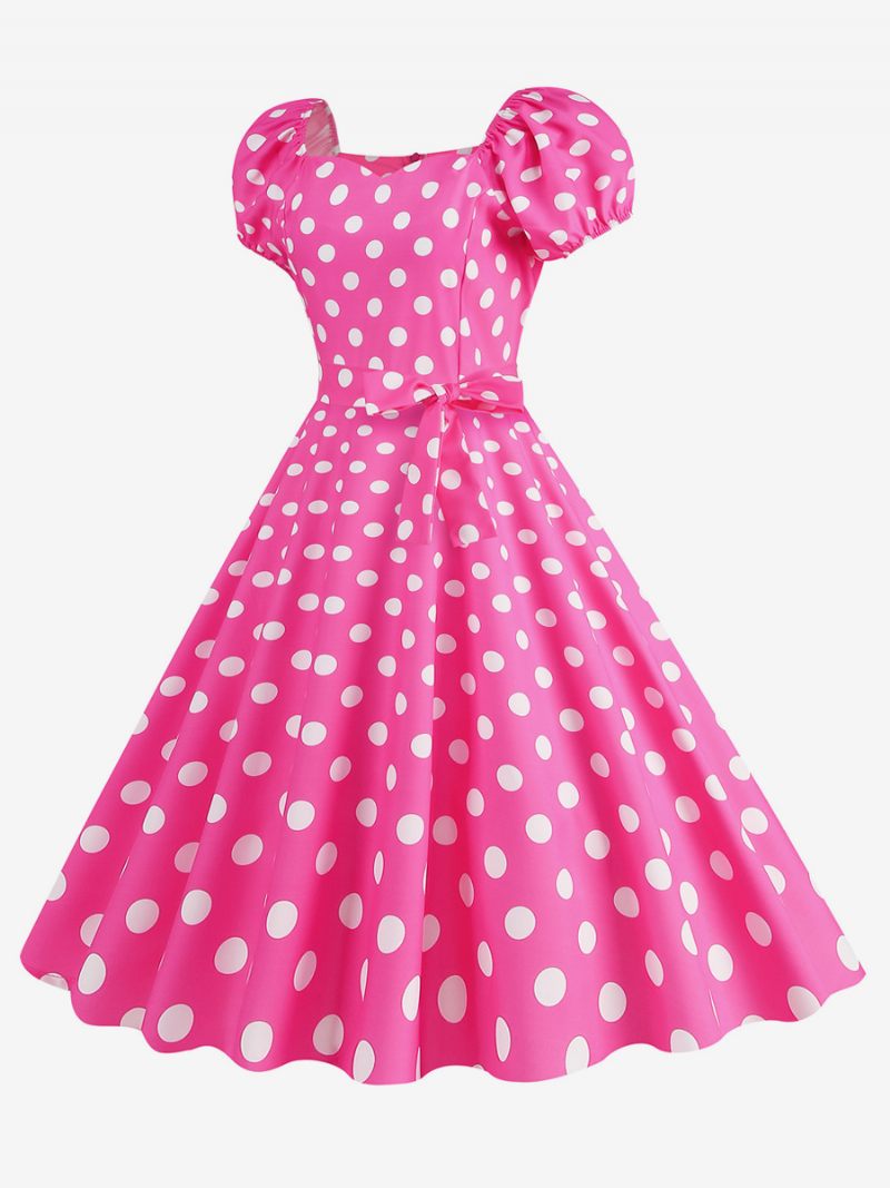 Robe Vintage Pour Femmes Col Cœur Manches Bouffantes Pois Robes Longues Décontractées - Rose