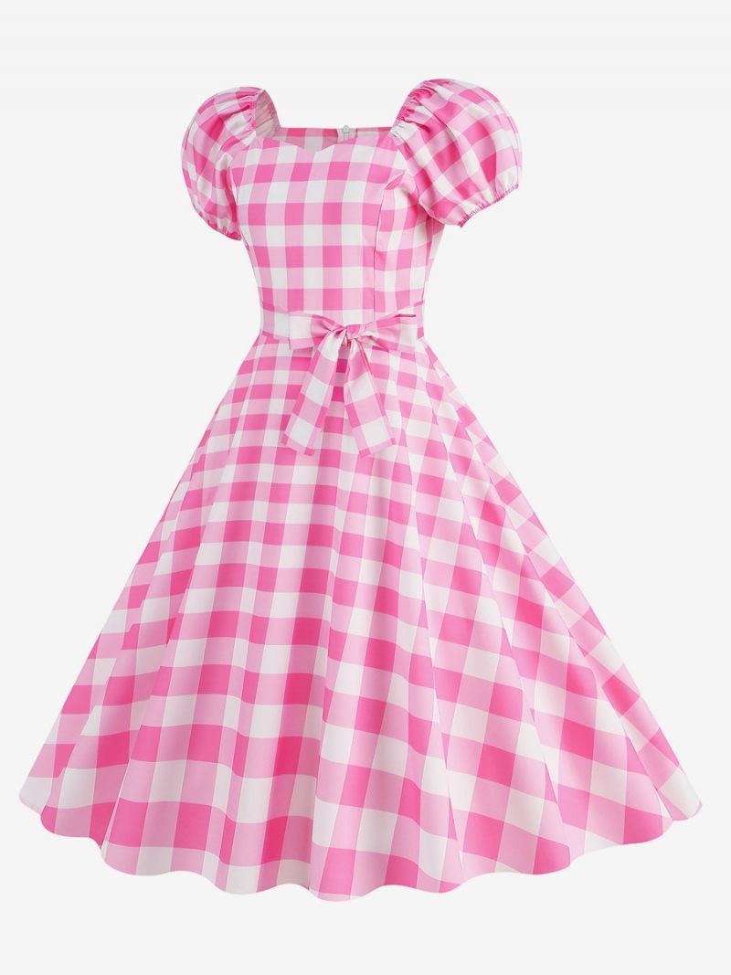 Robe Vintage Pour Femmes Col Cœur Manches Bouffantes Pois Robes Longues Décontractées - Rose