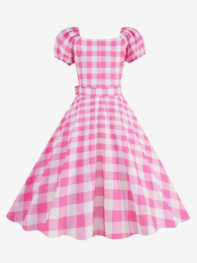 Robe Vintage Pour Femmes Col Cœur Manches Bouffantes Pois Robes Longues Décontractées - Rose