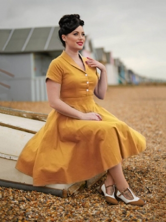 Robe Vintage Pour Femmes Col Rabattu Boutons Années 1950. Style Audrey Hepburn Manches Courtes Rockabilly Jaune Moyen