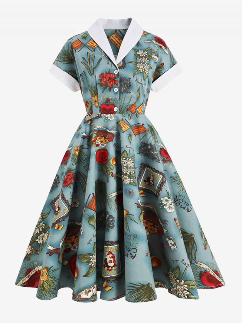 Robe Vintage Pour Femmes Col Rabattu Boutons Années 1950. Style Audrey Hepburn Manches Courtes Rockabilly Jaune Moyen - Vert