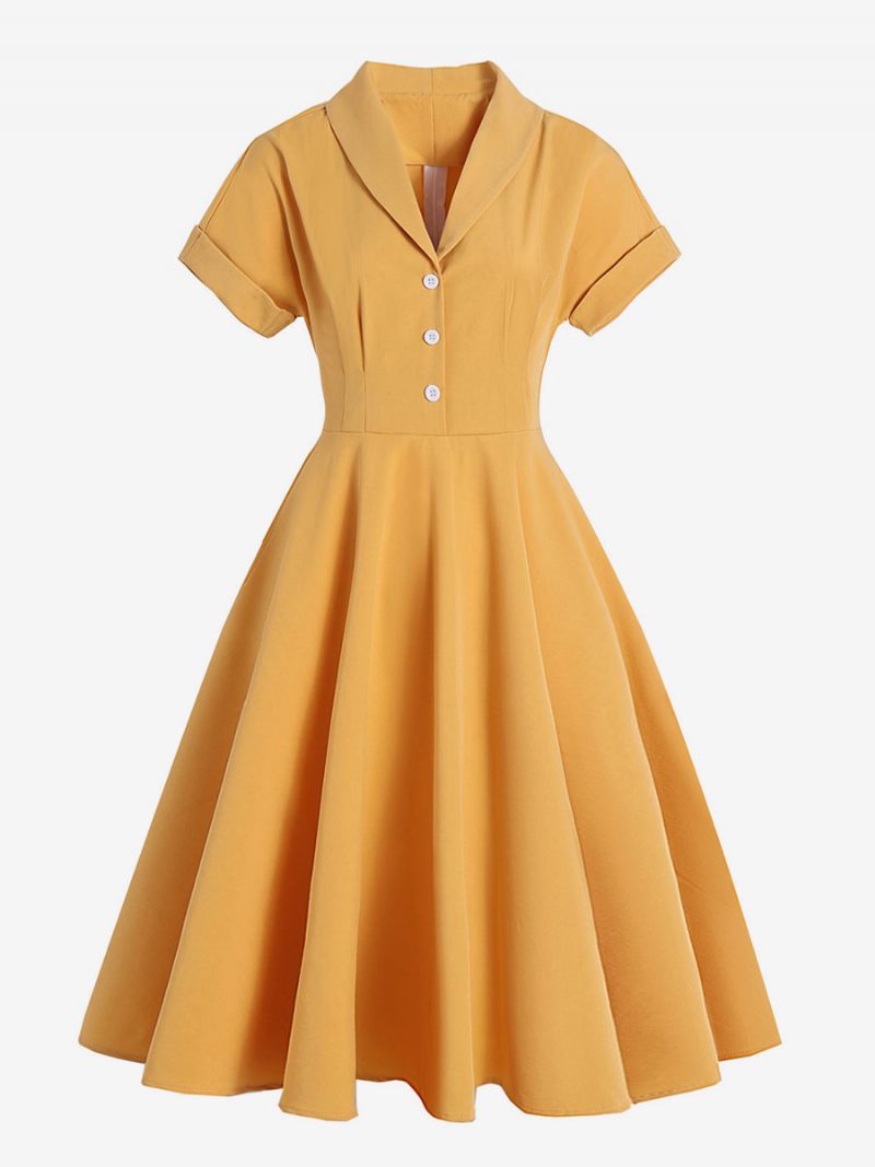 Robe Vintage Pour Femmes Col Rabattu Boutons Années 1950. Style Audrey Hepburn Manches Courtes Rockabilly Jaune Moyen - Jaune