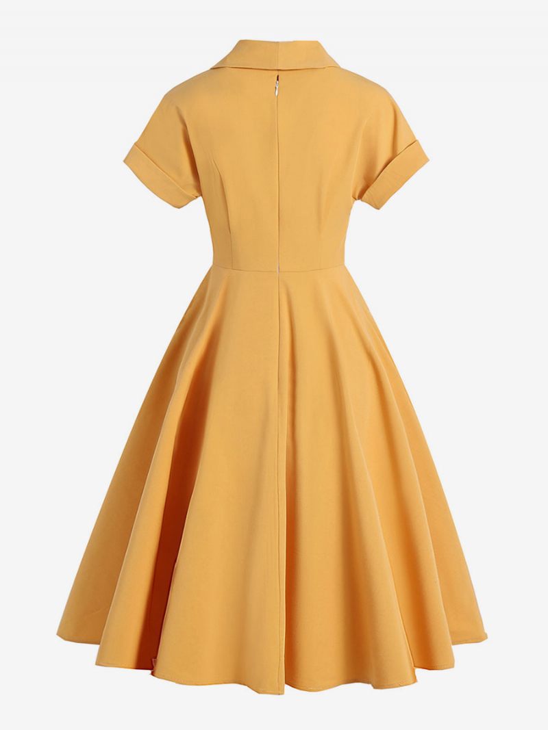 Robe Vintage Pour Femmes Col Rabattu Boutons Années 1950. Style Audrey Hepburn Manches Courtes Rockabilly Jaune Moyen - Jaune