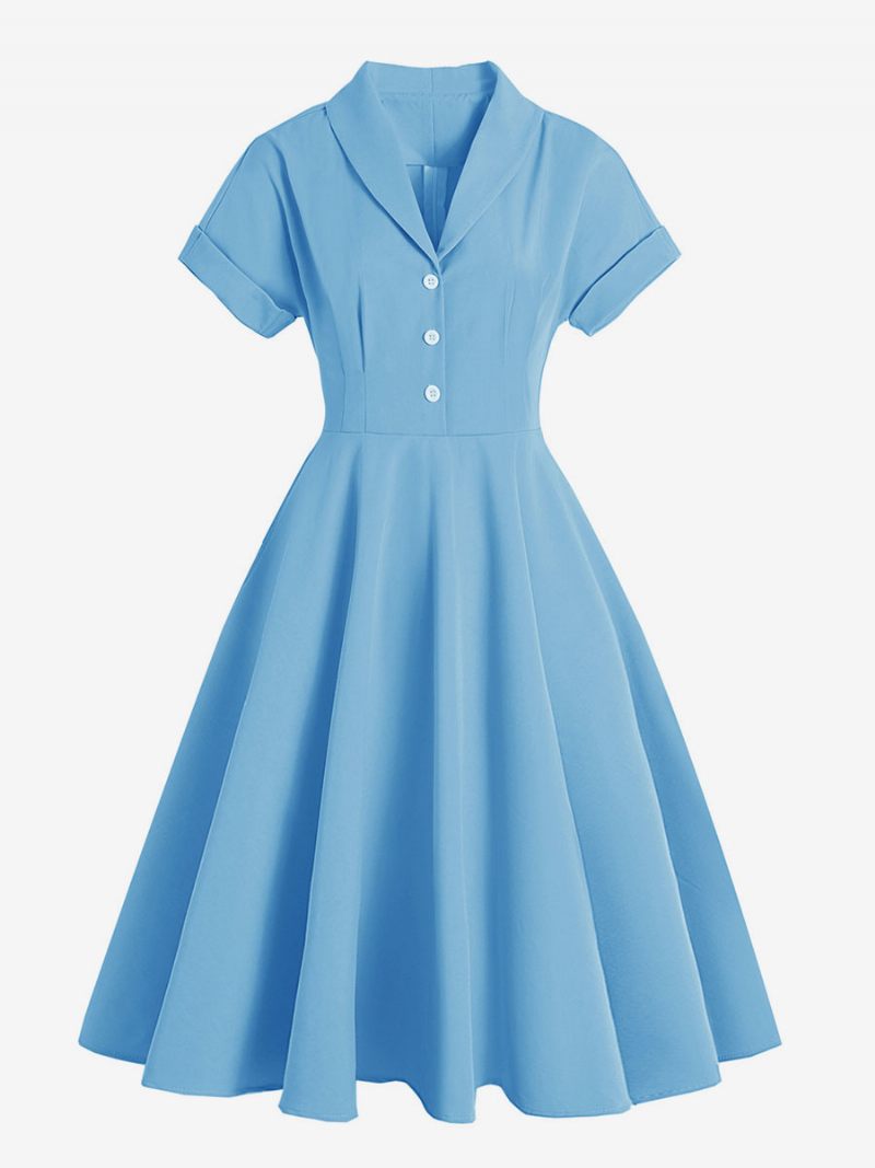 Robe Vintage Pour Femmes Col Rabattu Boutons Années 1950. Style Audrey Hepburn Manches Courtes Rockabilly Jaune Moyen - Bleu Ciel Clair