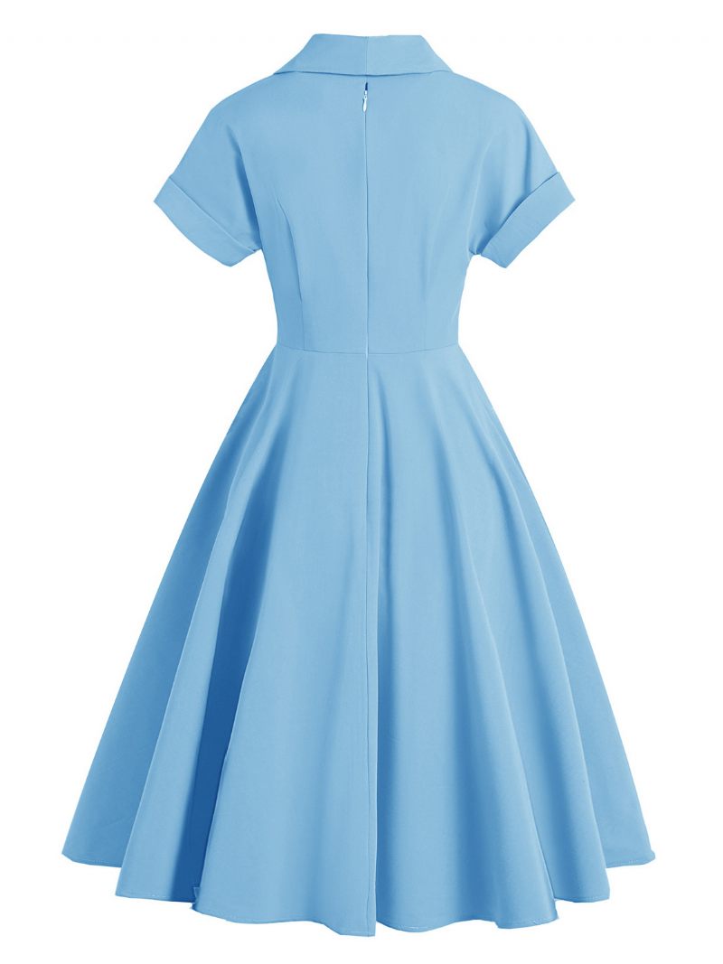 Robe Vintage Pour Femmes Col Rabattu Boutons Années 1950. Style Audrey Hepburn Manches Courtes Rockabilly Jaune Moyen - Bleu Ciel Clair