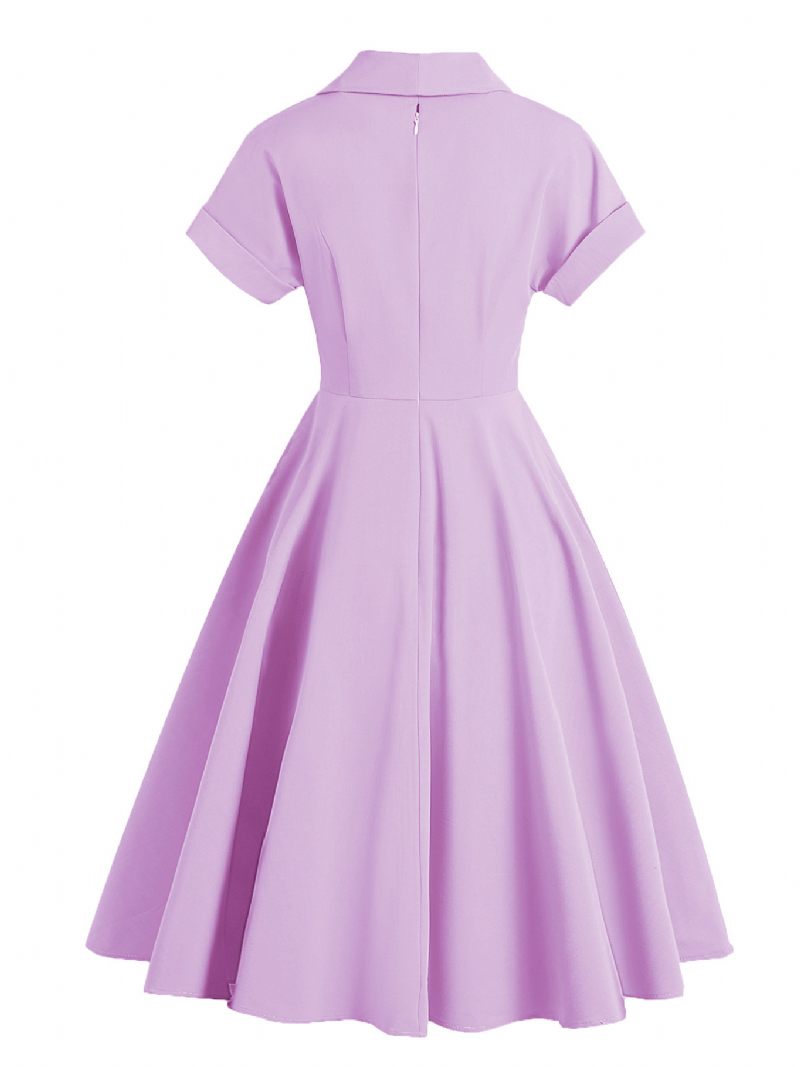 Robe Vintage Pour Femmes Col Rabattu Boutons Années 1950. Style Audrey Hepburn Manches Courtes Rockabilly Jaune Moyen - Rose Fuchsia