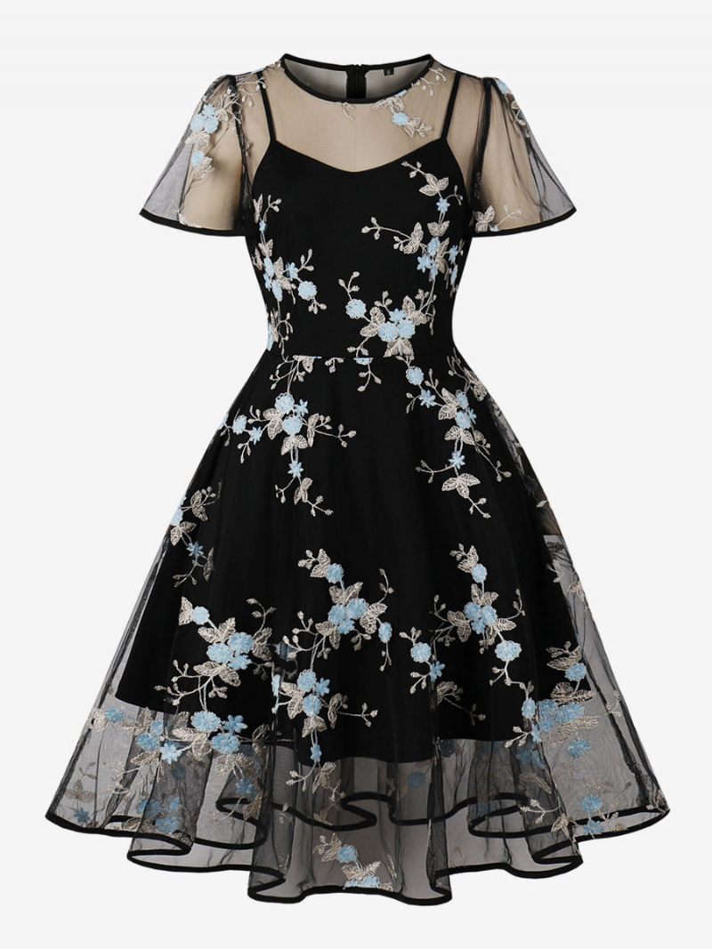 Robe Vintage Pour Femmes Col Rond Style Audrey Hepburn Des Années 1950. Dentelle Manches Courtes Imprimé Floral Longueur Aux Genoux Rockabilly Noire