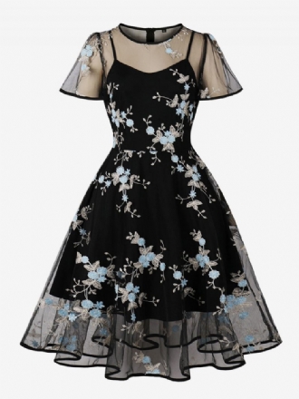 Robe Vintage Pour Femmes Col Rond Style Audrey Hepburn Des Années 1950. Dentelle Manches Courtes Imprimé Floral Longueur Aux Genoux Rockabilly Noire