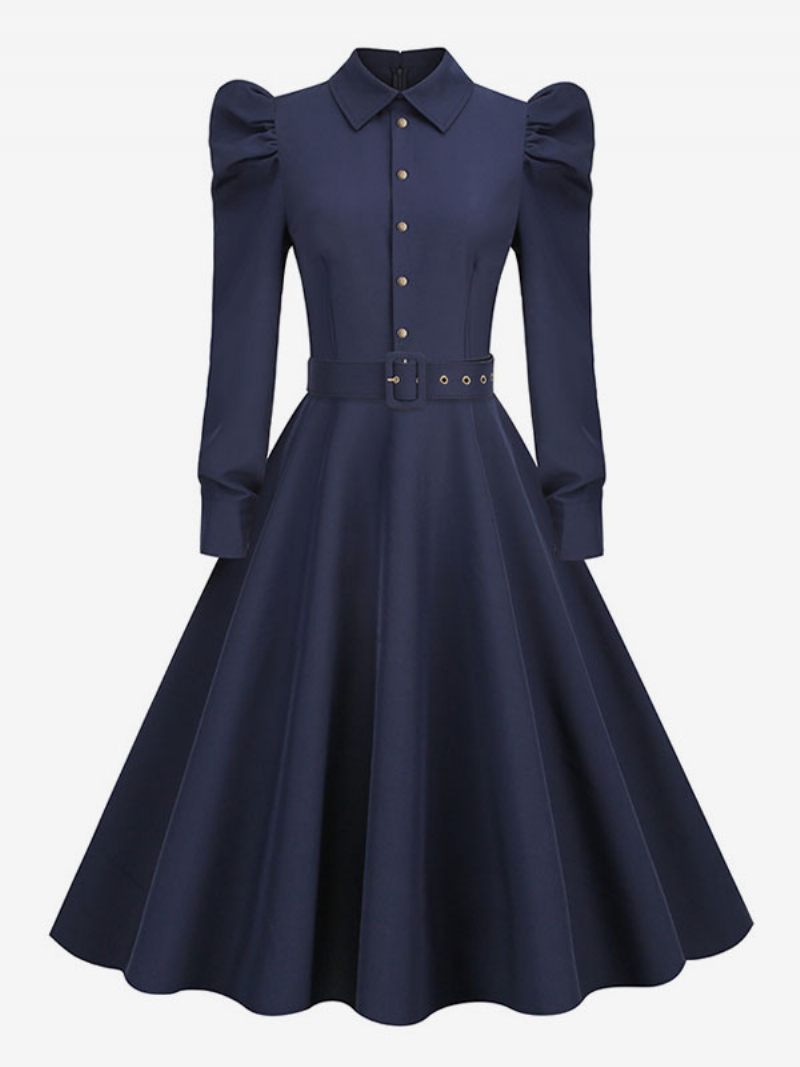 Robe Vintage Pour Femmes Des Années 1950 Audrey Hepburn Style Dark Navy Manches Longues Col Rabattu Rockabilly