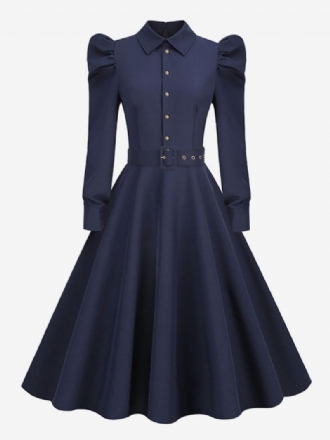 Robe Vintage Pour Femmes Des Années 1950 Audrey Hepburn Style Dark Navy Manches Longues Col Rabattu Rockabilly