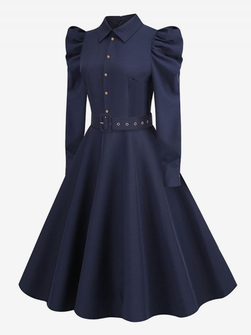 Robe Vintage Pour Femmes Des Années 1950 Audrey Hepburn Style Dark Navy Manches Longues Col Rabattu Rockabilly - Marine Foncé