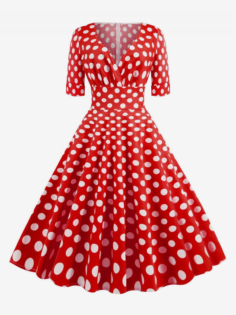 Robe Vintage Pour Femmes Des Années 1950 Audrey Hepburn Style Rouge À Pois Manches Courtes Col V Trapèze